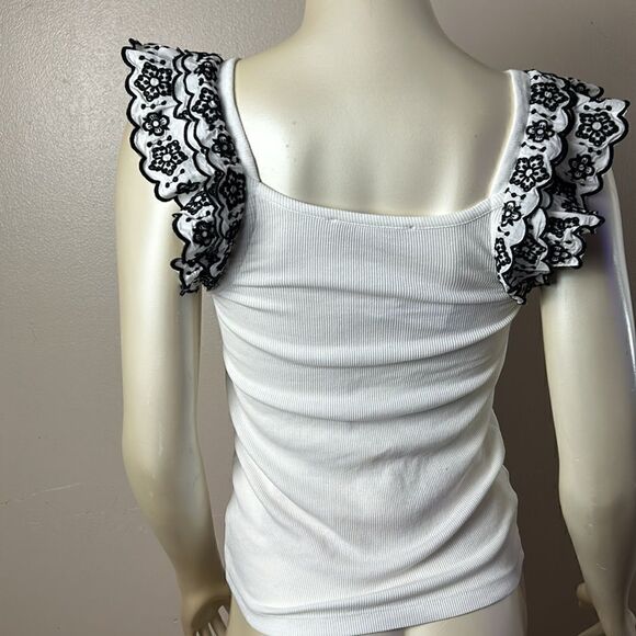 New LOFT Ann Taylor size XS ribbed embroidered eyelet ruffle sleeve NWT - Picture 7 of 8